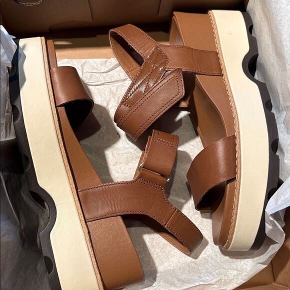 Sorel Joanie IV Y strap wedge leather sandals velvet tan blackened brown size 9 - Picture 13 of 17